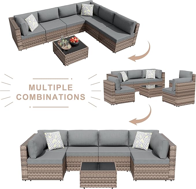 JAMFLY 7-Piece Outdoor Patio Furniture Set, Modular PE Rattan Sectional Sofa with Thick Cushions & Glass Coffee Table for Poolside, Balcony, Garden(Grey Cushion)