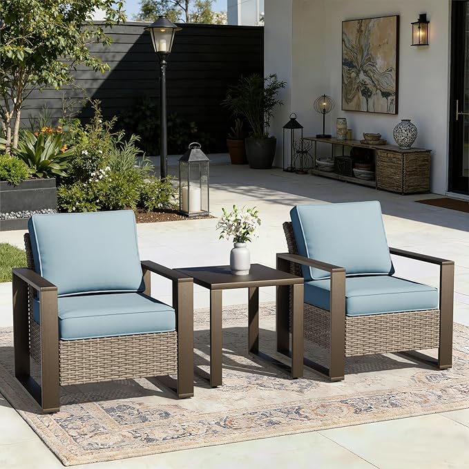 Joyside Outdoor Patio Chairs, 3 Pieces Wicker Rattan Furniture Set, 2 Patio Chairs and 1 Table, Metal Wide Armrest, Thick Cushions and Deep Seating for Garden, Backyard, Porch, Deck