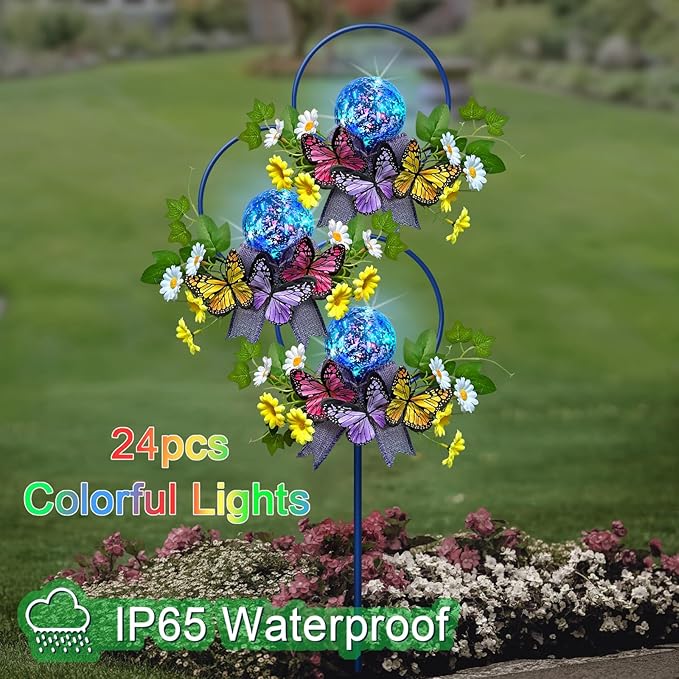 Solar Lights Outdoor Pathway,Triple Butterfly Flower Garden Stake with Colorful Lights for Yard,Patio,Lawn,Solar Powered Outside Decorations,Gifts for Women