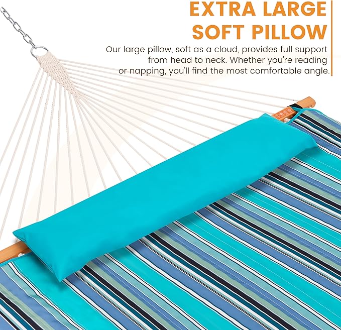 Lazy Daze Hammocks 2 Person Portable Hammock with 12FT Stand, Double Hand Woven Cotton Rope Hammock with Detachable Quilted Pad & Pillow for Outside, 450lb Capacity, Blue Stripes