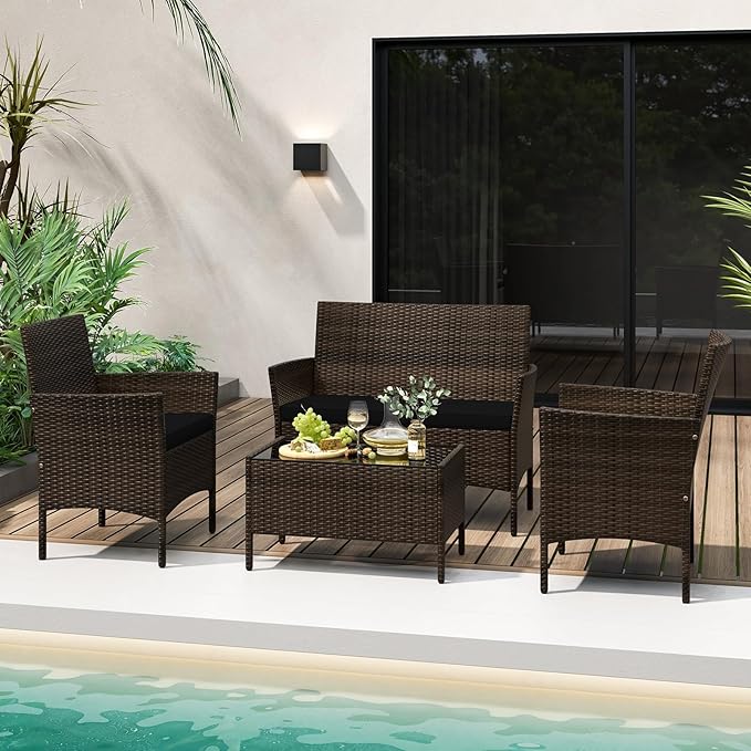 Tangkula 4 Piece Patio Rattan Conversation Set, Outdoor Wicker Furniture Set with Chair, Loveseat & Tempered Glass Table, Cozy Seat Cushions, Outside Sectional Sofa Set for Backyard, Porch (1,Black)