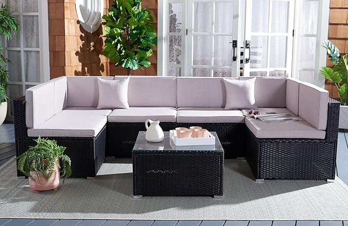 SAFAVIEH Outdoor Collection Diona Black/Grey Cushion Sectional Set with Glass Top Coffee Table, Ideal for Deck, Patio, Backyard, Sunroom