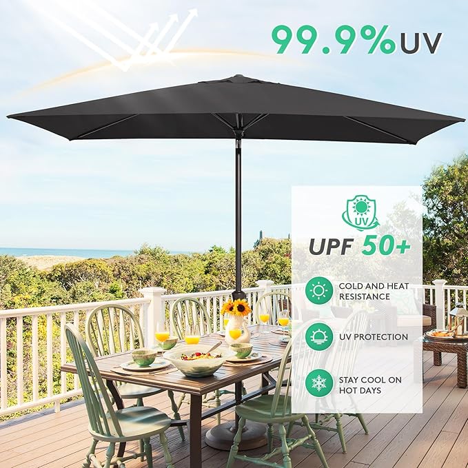 JEAREY 6.5x10ft Olefin Rectangular Patio Umbrella, Rectangle Outdoor Umbrellas with Auto Tilt Crank System, Market Table Umbrella UV Protection Fade-Resistant for Pool Deck Garden Yard, Black
