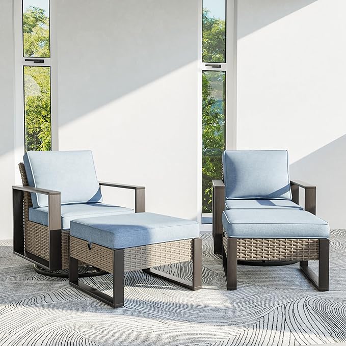 4 Piece Patio Furniture Set, Outdoor Swivel Rocker Patio Chairs and Ottoman, Metal Patio Furniture with Deep Seating, Thicken Cushions for Deck, Porch, Yard Use (Azure, 4 PCS/Swivel)