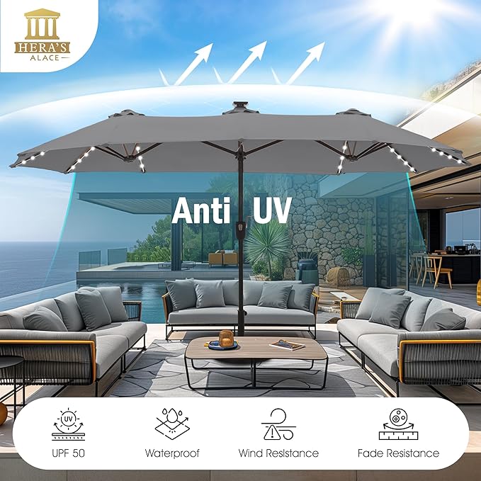HERA'S PALACE 13ft Patio Umbrella with 120 LED Solar Lights Double Sided Outdoor Umbrella for Patio 8 Colors Changing Table Umbrella Outdoor Patio for Garden Pool
