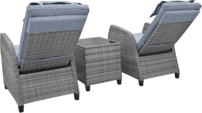 LUMISOL Outdoor Recliner Chairs Set of 2, 3 Piece Rattan Sofa Set, Patio Rocking Chairs Set with Adjustable Footrest, Outdoor Rattan Reclining Chairs with Table & Pillow for Backyard, Porch (Grey)
