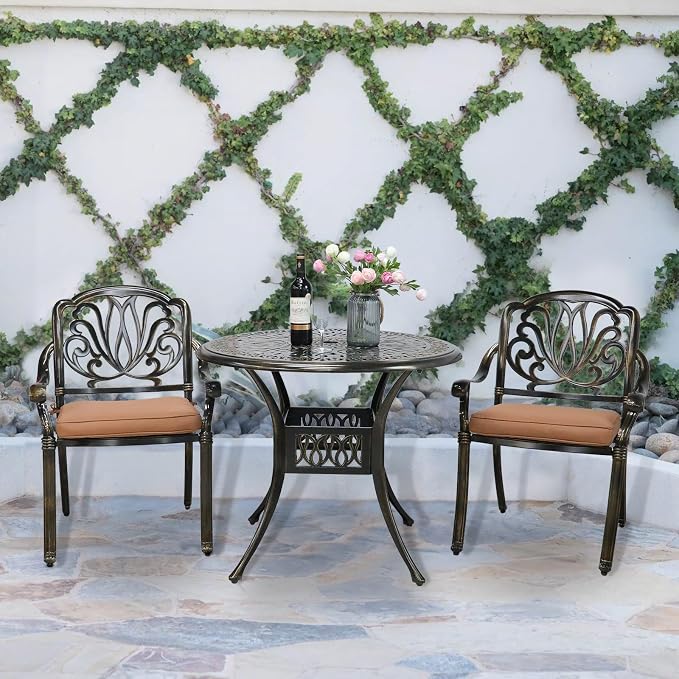 VIVIJASON 3-Piece Outdoor Cast Aluminum Patio Bistro Set, Patio Furniture Dining Set Include 2 Cushioned Chairs and 35.4" Round Table w/Umbrella Hole for Balcony, Garden, Tan Cushion