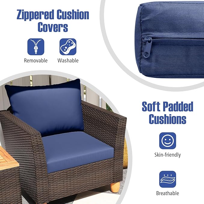 Tangkula 3-Piece Patio Furniture Set, Patiojoy Outdoor PE Wicker Bistro Set with Soft Cushions and Solid Acacia Wood, Outdoor Conversation Set with Porch, Balcony and Garden (Navy)