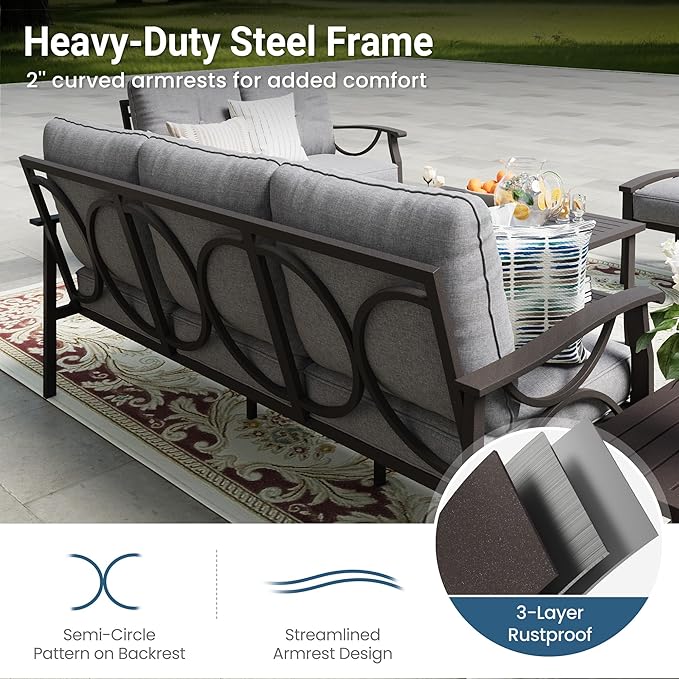 RoyalCraft Outdoor Patio Furniture Set, 3 Piece Patio Conversation Set, Metal Furniture Set for Porch Backyard,Khaki Metal Furniture with Gray Cushions