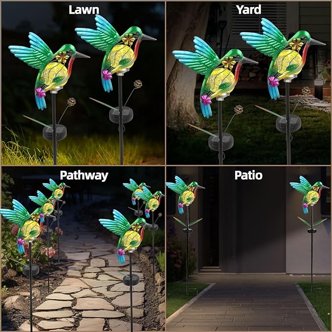 Solar Hummingbirds Garden Stake Lights for Outside 2 Pack Metal Hummingbird Outdoor Decor Waterproof Decorative Garden Stakes Yard Lawn Landscaping Ornaments Housewarming Gifts for Women Mom Grandma