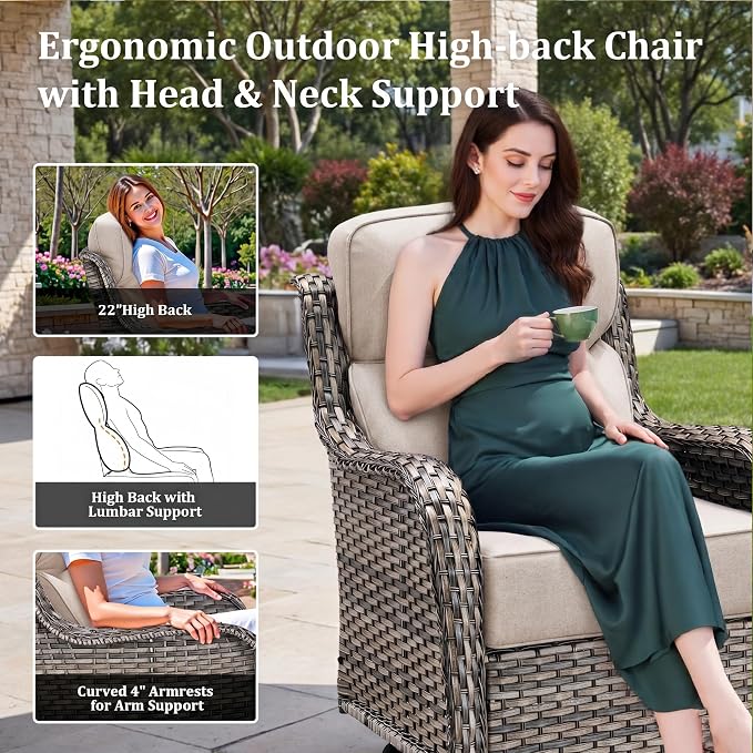 Luxury Outdoor Swivel Rocker Patio Chairs Set of 5, High Back Swivel Patio Chairs with Side Table 6-Inch Thick Cushions Ottomans, Wicker Outdoor Bistro Set for Porch, Yard, Deck, Poolside, Grey/Beige