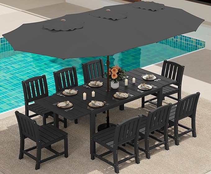 SERWALL 10-Piece Patio Dining Sets with 15FT Patio Umbrella, 60" - 83" Expandable Outdoor Dining Table and 8 HDPE Chairs, All Weather HDPE Outdoor Furniture Set, Black (Umbreall Base not Included)