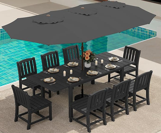 SERWALL 10-Piece Patio Dining Sets with 15FT Patio Umbrella, 60" - 83" Expandable Outdoor Dining Table and 8 HDPE Chairs, All Weather HDPE Outdoor Furniture Set, Black (Umbreall Base not Included)