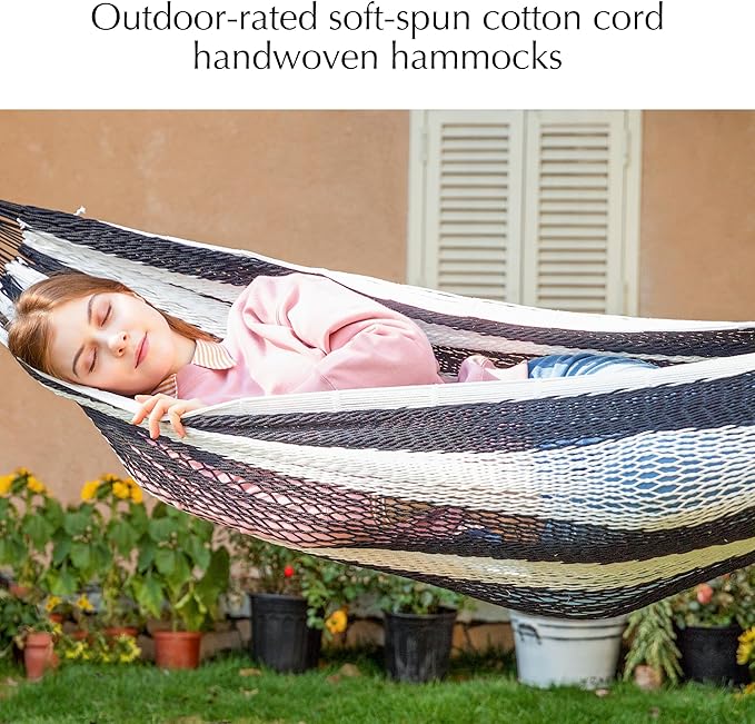 PNAEUT Handwoven Mayan Hammock, Thick Soft Rope Double Hammock for Outdoor Outside & Indoor, 600 lbs Capacity Heavy-Duty, Includes Tree Straps, Carabiners & Carrying Bag (Black and White, X-Large)