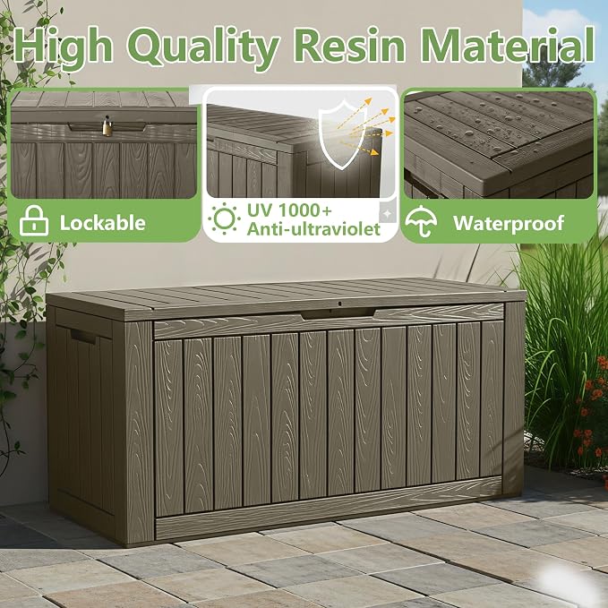 KAMABOKO 110 Gallon Waterproof Large Resin Deck Box, Lockable Large Outdoor Storage Box Indoor Outdoor Storage Container for Patio Cushions, Gardening Tools, Pool Supplies, Grey