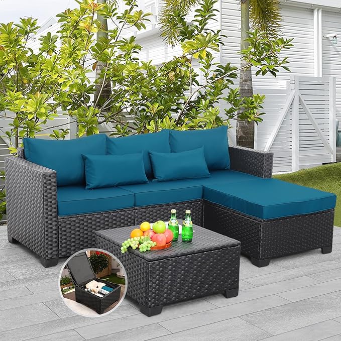 Rattaner Wicker Patio Furniture Set - 3 Piece Outdoor Sectional Couch with Storage Coffee Table, All-Weather Non-Slip Cushions & Waterproof Covers, Peacock Blue