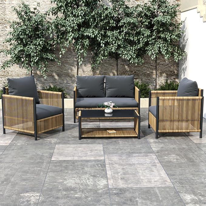 LUMISOL 4 Piece Patio Furniture Set, Outdoor PE Wicker Sofa Set with a Coffee Table and Removable Cushions, All Weather Patio Conversation Set for Patio, Garden, Backyard, Brown+Grey