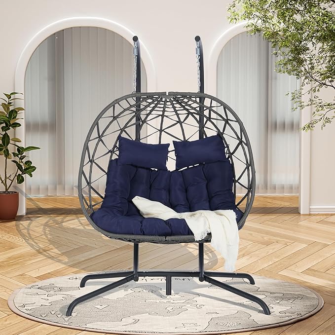 Double Egg Chair with Stand Outdoor Hanging Egg Swing Chair,Wicker Rattan Egg Chair Indoor Loveseat Chair with Cushion 500 lbs Capacity for Bedroom Balcony Patio (Gray+Blue)