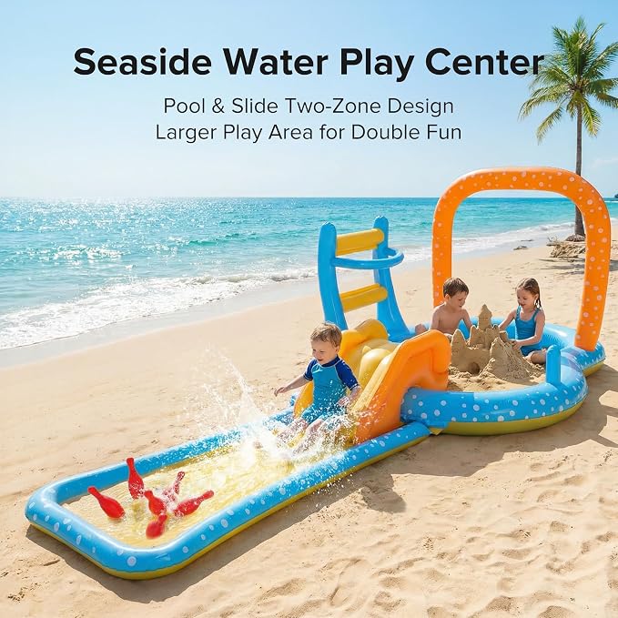 Inflatale Kiddie Pool with Slide, 131.8" Kids Water Play Center with Splash Pool, Outdoor Backyard Water Toy for Summer Fun, Blue & Orange