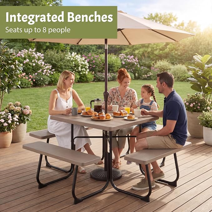 GYMAX Picnic Table Bench with Umbrella Hole, 8 Person Square Outdoor Picnic Table with Metal Frame & HDPE Tabletop, Camping Table for BBQ Yard Patio, 2300LBS Capacity (Coffee)