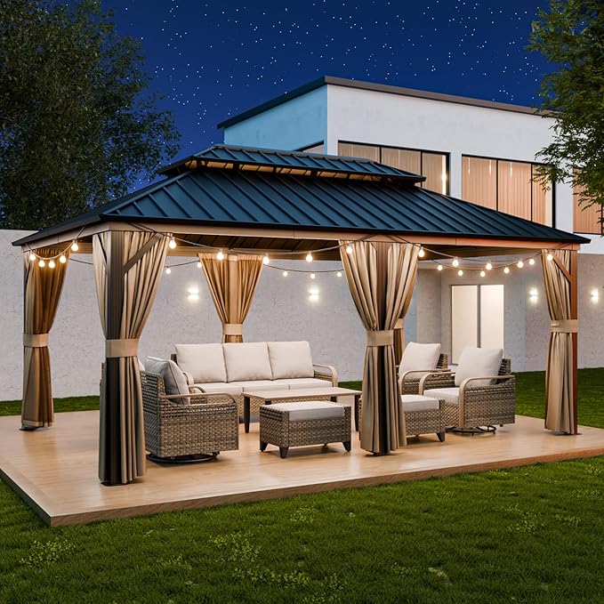 EAGLE PEAK 12x18 Hardtop Gazebo, Galvanized Steel Double Roof with Aluminum Frame, Outdoor Pavilion with Netting and Curtains for Patio, Deck, Lawn and Garden, Dark Brown/Tan