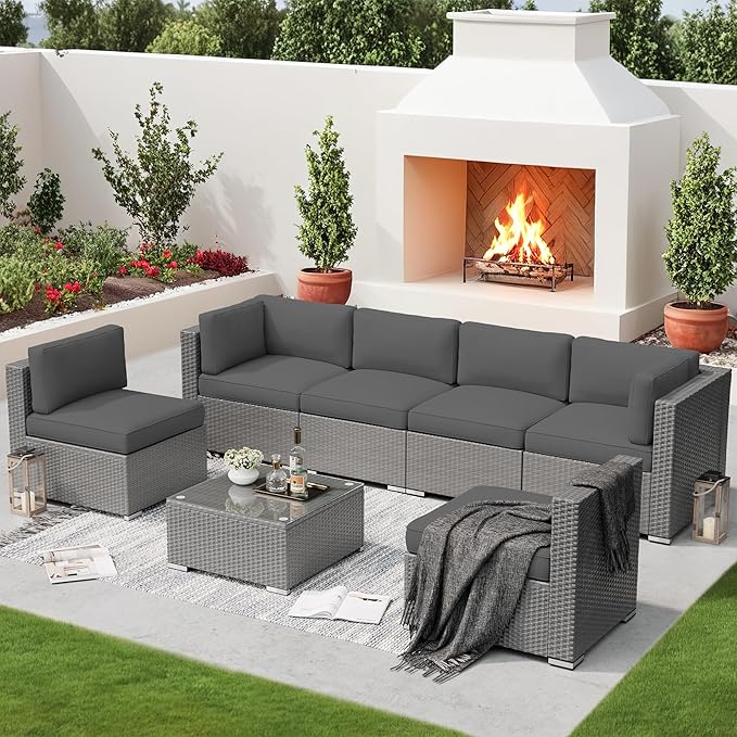 SUNCROWN Outdoor Patio Furniture Set 7 Piece Outdoor Sectional Sofa Grey Wicker Conversation Sofa Set with Cushions, Coffee Table, and Waterproof Cover, Dark Grey