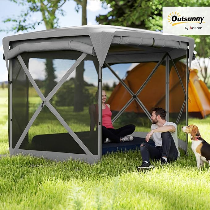 Outsunny Pop Up Gazebo Screen Tent House, 11 x 11ft with UPF30+ Removable Roof Cover, 4 Roll-up Wind Panels and Carry Bag for Camping, Patio, Backyard, Lawn, Dark Gray