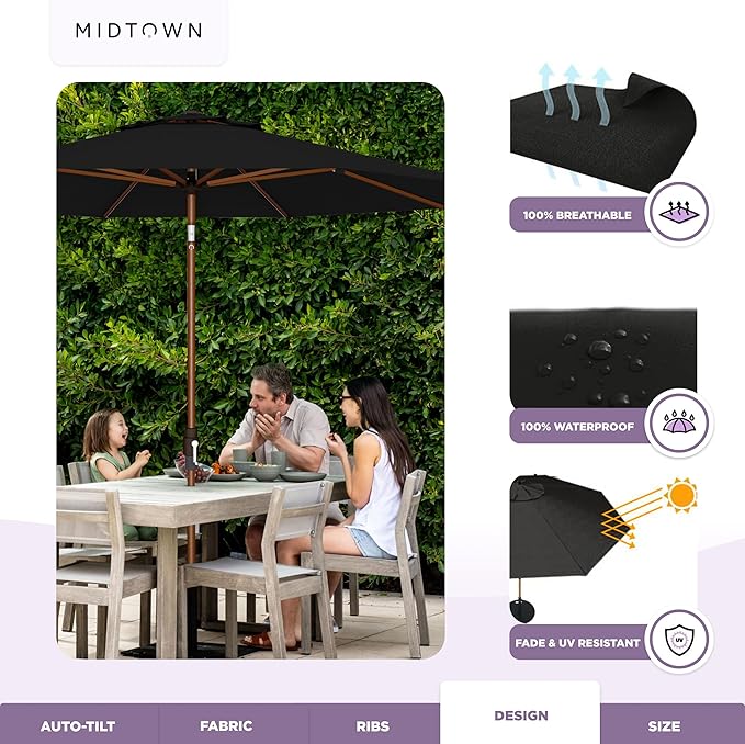 Midtown Umbrellas Wooden 2-8 Ft Patio Umbrella with 360° Swivel & Tilt Mechanism, 8 Fiberglass Ribs & Terylast Polyester Fabric for Deck, Pool, Garden & Porch - Ebony Canopy, Wooden Pole