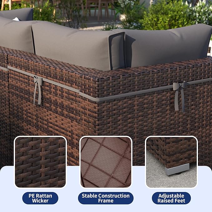 Patio Furniture Set, 10-Piece Outdoor Sectional with Waterproof Cover, All-Weather Wicker Patio Conversation Sets for Backyard (Brown with Grey Cushion)