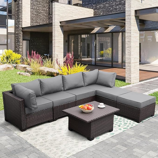 WAROOM Outdoor Patio Furniture Set 7 Pieces Wicker Sectional Sofa Brown Rattan Conversation Couch with Storage Table, Anti-Slip Thick Grey Cushion