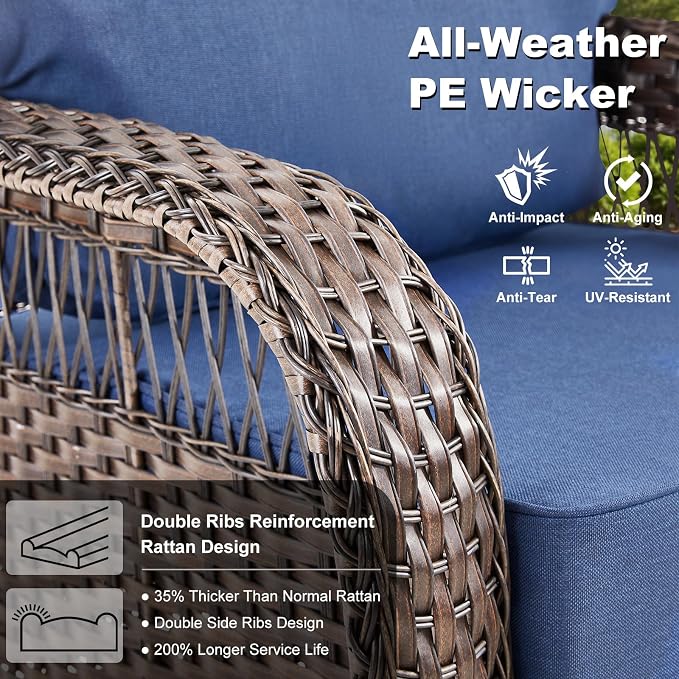 6 PCS Patio Furniture Set Outdoor Sectional Sofa Couch with Rocking Swivel Chairs 5" Deep Seat Chairs, Modern Wicker Rattan Conversation Set, Blue/Brown Wicker
