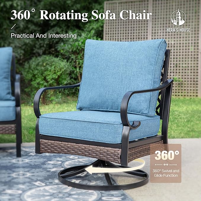 HERA'S HOUSE 6 Piece Metal Patio Furniture Set, All Weather Outdoor Conversation Set with 3-Seat Sofa, 2 Rocking Chairs, 2 Fixed Chairs & Coffee Table, 7 Seats for Backyard, Garden, Deck, Navy Blue