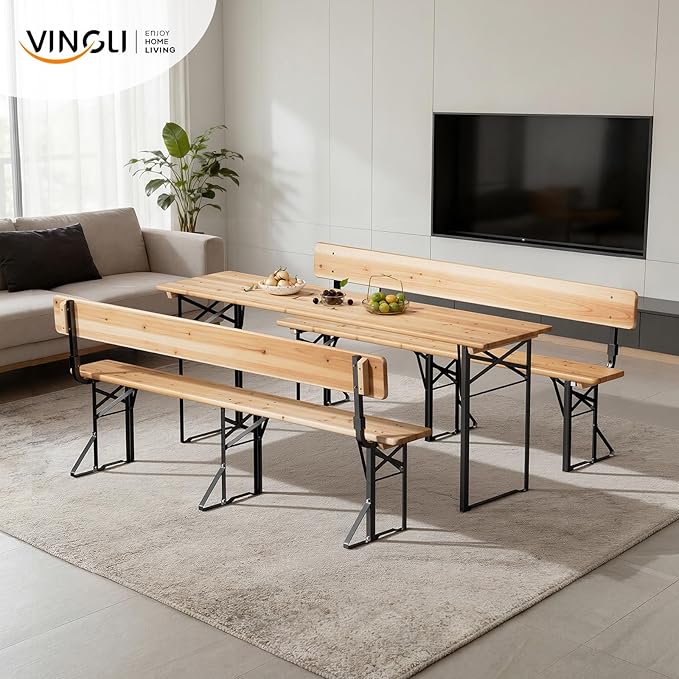 VINGLI 70 Inch Folding Picnic Tables and Chair Set with Backrest Bench, Weather-Resistant Wooden Beer Garden Table Bench, 3-Piece Portable Fold Up Camping BBQ Table,Natural Wood Color