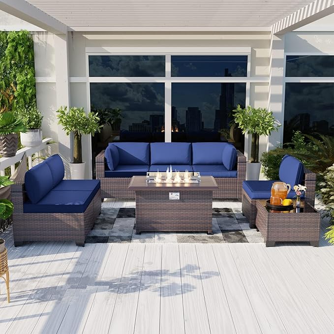 Kullavik 8 Pieces Outdoor Patio Furniture Set,Sectional Sofa Set with 43" 55000 BTU Gas Propane Fire Pit Table,Brown PE Rattan Wicker Patio Conversation Set,Navy Blue