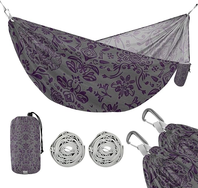 Grey Purple Pattern Camping Hammock, 330lbs Load Capacity, Comfortable Portable Hammock with Tree Straps for Outdoor, Backyard, Beac