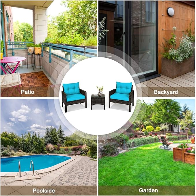 ORALNER 3-Piece Patio Conversation Set, All-Weather Wicker Sofa Chair and Coffee Table Set with Thick Cushions, Outdoor Furniture, Rattan Bistro Set for Balcony Deck Porch Poolside Garden (Turquoise)