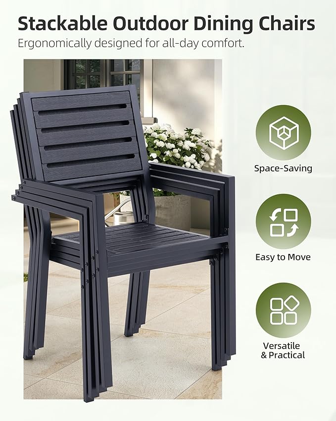 10-Piece Outdoor Dining Set - Two 47.25" HDPE Patio Tables and 8 Stackable Armrest Chairs - All-Weather Rust-Proof Steel Frame for Garden, Deck(Black)