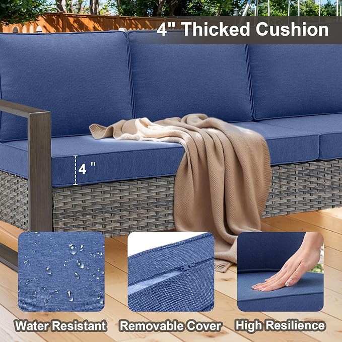 Belord Full 4 Pieces Patio Furniture Set with 41” Propane Fire Pit Table, Outdoor Conversation Set with Patio Chairs Set of 2 and Rattan Sofa for Deck Backyard