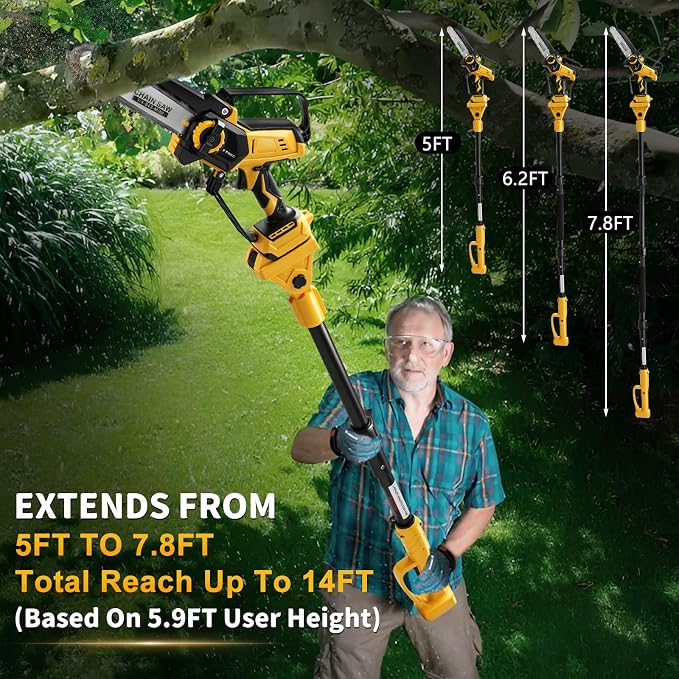 2-in-1 8 Inch Electric Pole Saw for Dewalt 20V MAX Battery, Brushless Cordless Mini Chainsaw with Extension Pole & 3 Chains, Auto Oiler, 14.5 FT Max Reach for Tree Trimming Branch Cutting (No Battery)