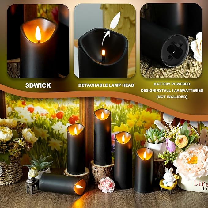 kakoya Flickering Flameless Candles, Battery Operated Plastic LED Pillar Candles with Remote Control and Timer, Set of 24 (Black)