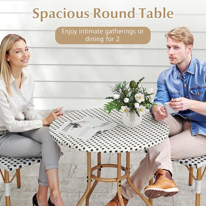 HAPPYGRILL Outdoor Bistro Table, 27.5” Round Patio Table with Hand-Woven PE Rattan Tabletop and Metal Frame, for Garden Backyard Porch Balcony