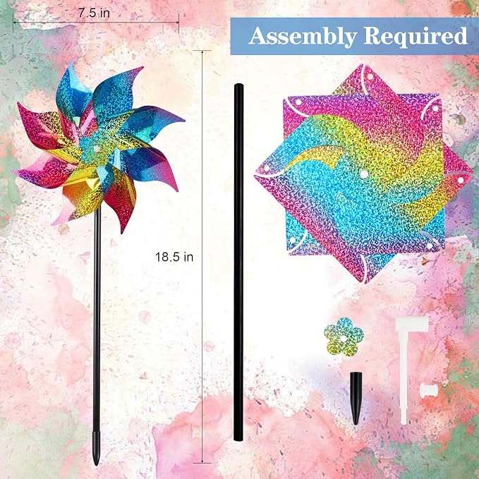 Hausse 10 Pack Reflective Pinwheels Wind Spinner (Assembly Required), Extra Sparkly Rainbow Pinwheel with Stakes, Bird Repellent Blinder Devices Scare Birds Away from Yard Patio Farm Garden, Colorful