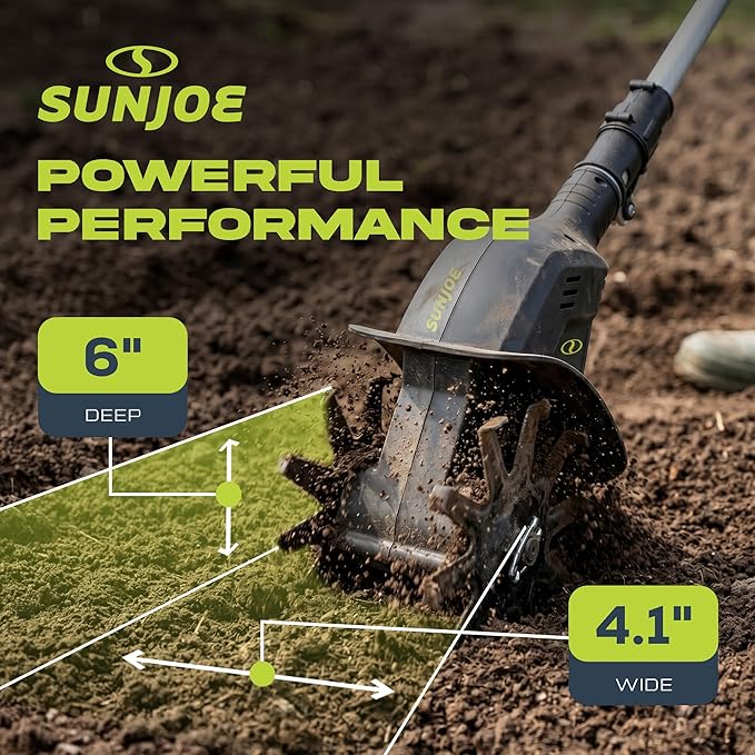 Sun Joe Cordless Garden Tiller & Cultivator with Telescopic Pole, Auxiliary Handle & 6-Inch Steel Blades, 24V, Tool Only - Heavy-Duty Tilling Machine for Lawn, Yard, and Gardening Care, 24V-TLR-CT
