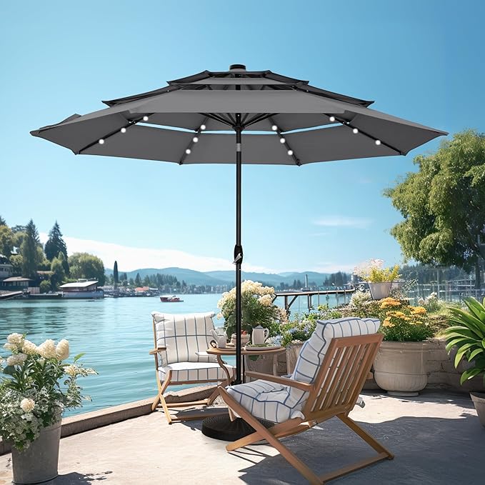 PHI VILLA 10ft Patio Umbrella with Light, Outdoor Large Auto-Tilt 3 Tier Market Table Umbrellas with 8 Sturdy Ribs and 1.5" Pole for Lawn Poolside Garden Terrace,Grey
