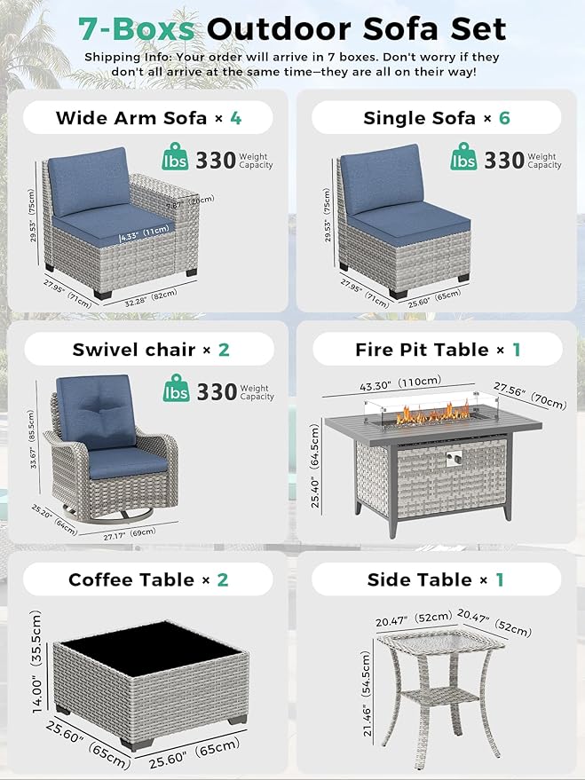 16 Piece Outdoor Wicker Rattan Sectional Sofa Set with Swivel Chairs & Fire Pit Table, 12-Seats with 4" Thickened Cushions & Coffee Table, All-Weather PE Rattan for Garden, Backyard, Porch, Blue