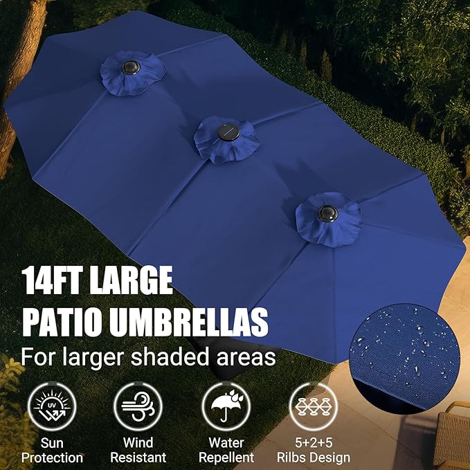 LEVELEVE 15FT Large Patio Patio Umbrella with Base & Solar LED Lights - Double-Sided,Blue
