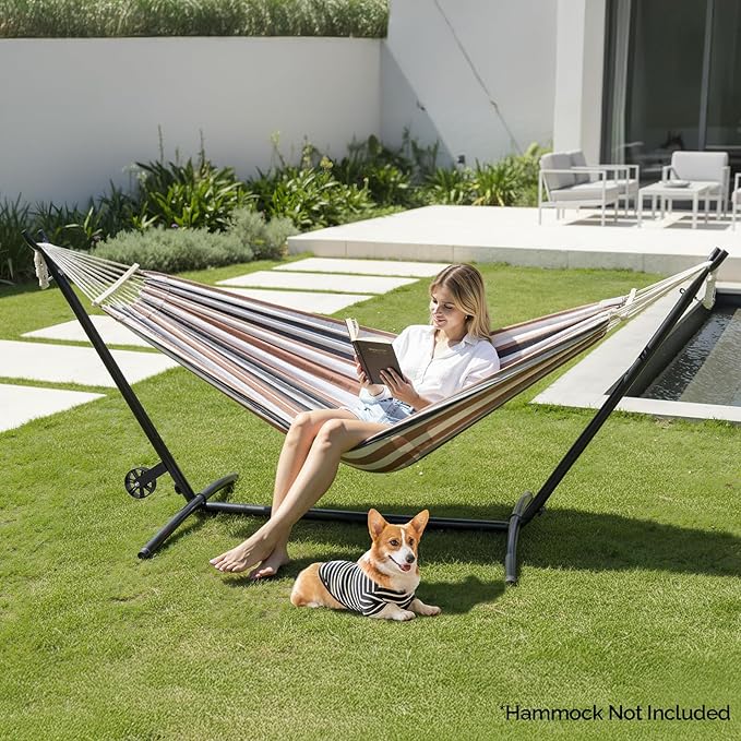 ONCLOUD 9ft Steel Hammock Stand w/Built-in Wheel, Portable Hammock Stand for Outside, Heavy-Duty Hammock Stand Only for Yard or Indoor with Carrying Case, Easy to Remove, 550 LBS (Black w/Wheel)