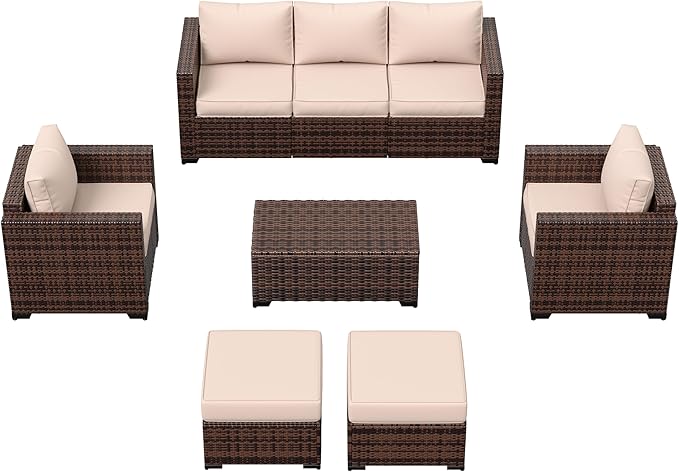 Amopatio Patio Furniture Set, Outdoor Furniture Wicker Rattan Sofa, Outdoor Sectional Set with Ottomans, Patio Conversation Set for Backyard (Khaki)