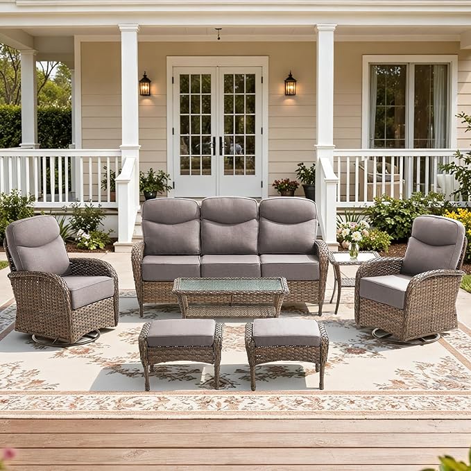 7-Piece Luxury Patio Furniture Set with 6-Inch Thick Cushions, High-Back Outdoor Sofa & Swivel Rocking Chairs w/Wicker Coffee Table, All-Weather Conversation Set for Porch, Deck, Yard – Gray
