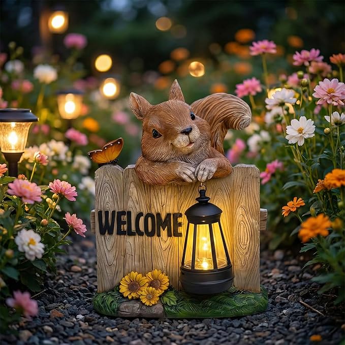 Garden Squirrel Welcome Sign with Solar Lantern, Decorative Outdoor Statue for Porch, Patio or Garden with Butterfly and Sunflowers